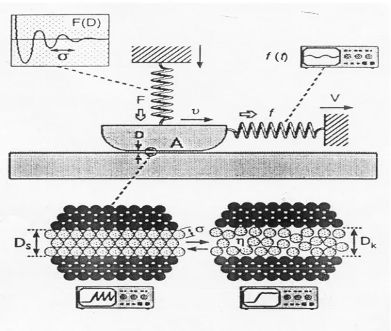 Figure 1.2 Diagram of a Surface Forces Apparatus (SFA) experiment from [17]. The coiled springs are representative of any device used to measure the normal and shear forces between the samples