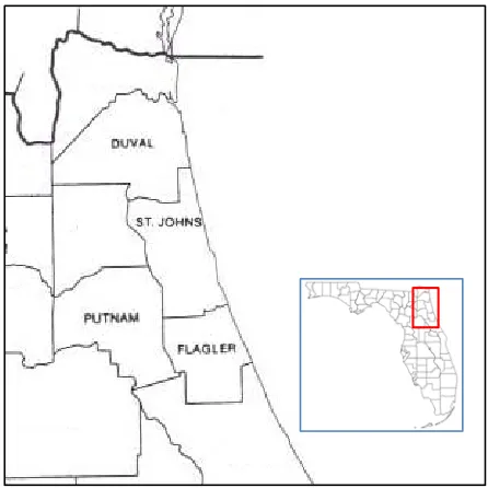 Figure 1. Case Study Area Consisting of Duval, St. Johns, Putnam, and Flagler Counties, Florida 