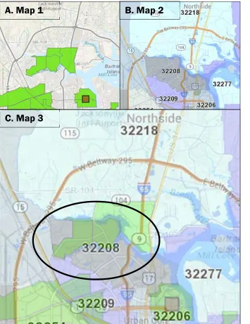 Figure 3: Identifying Zip Codes Within the Cluster Area. (A) Clusters identified using the Food Access Research Atlas; (B) Zip code map of area the cluster is located in retrieved from www.unitedstateszipcodes.com; (C) Visual overlay of maps A and B showin
