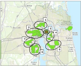 Figure 4. Seven Food Desert Clusters in Duval County, Florida, Showing Census Tracts with Contiguous Borders That Are Both Low Access and Low Income According to the Food Access Research Atlas 