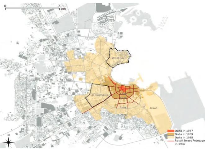 Figure 1. Growth of Doha from 1947 to present, showing formation of ring and radialroads, which host retail activity