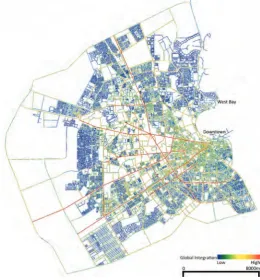 Figure 4. Global syntactic analysis (Integration) of present condition,contextualizing the West Bay to the north