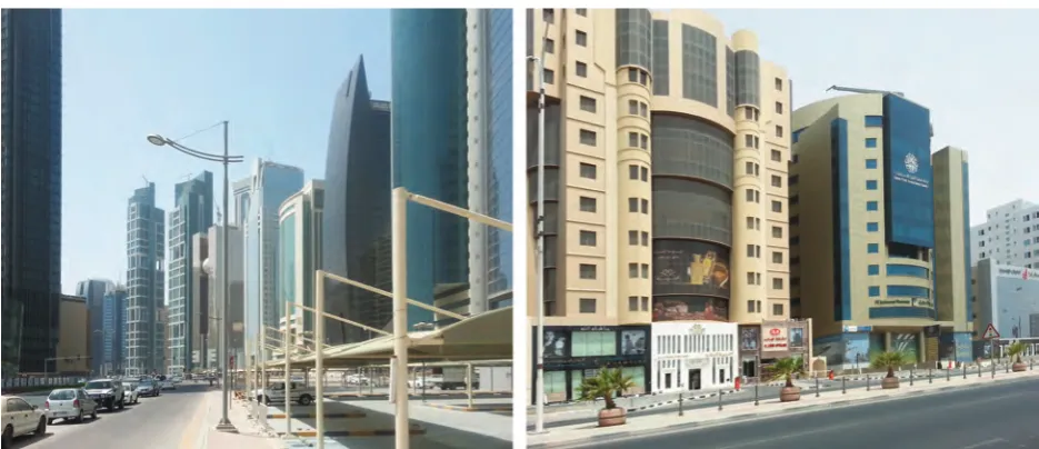 Figure 8. Comparison between street interface conditions in the West Bay (left) and along C-ring road in Al Sadd area(right)