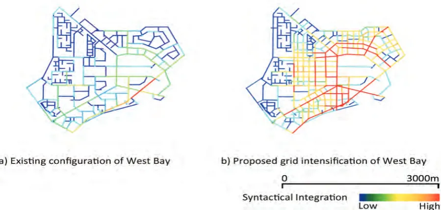 Figure 10. Syntactical integration analysis of the West Bay zone, comparing existing (left) and proposed conditions (right).(Source: Authors).