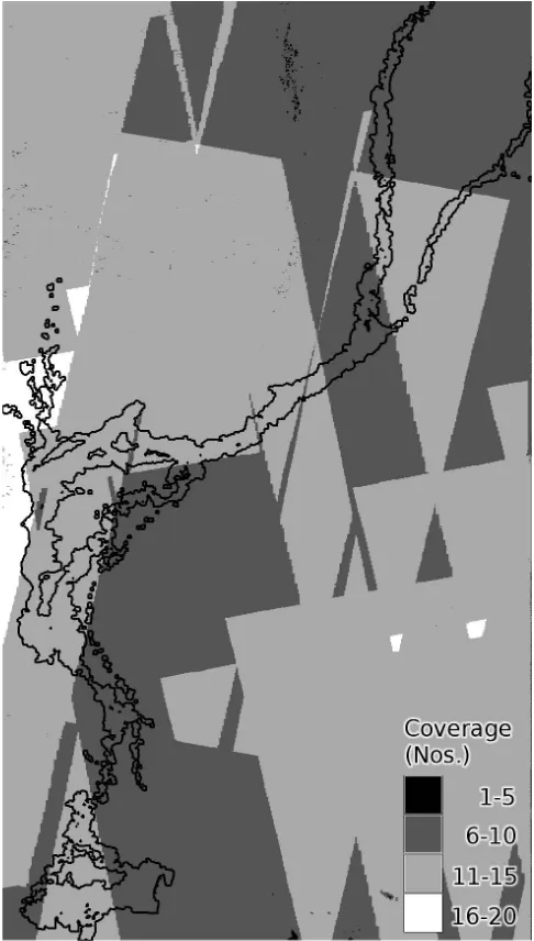 Fig. 5.Count of frequency of cover by GM data over the 98day study period.The black outlines represents the maximumﬂood extent.