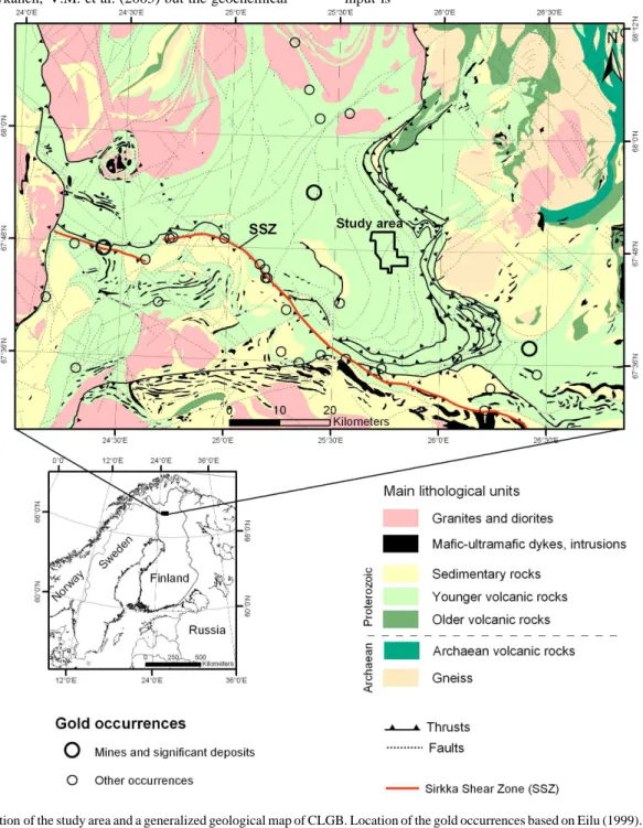 Figure 1: Location of the study area and a generalized geological map of CLGB. Location of the gold occurrences based on Eilu (1999)