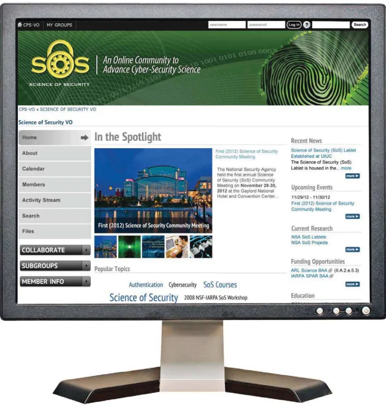FIGURE 1. The Science of Security Virtual Organization (SoS VO) enables those interested in cybersecurity science  to survey current research; stay current on news in the field; find out about events related to cybersecurity 