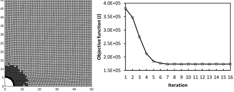 Figure 2. Reinforcement distribution and variation of objective function  