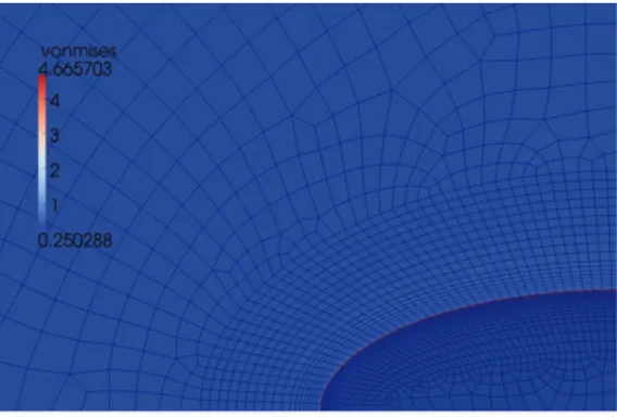 Figure 2: Close-up showing the crack front region of the semi-elliptical flaw mesh. The bottom edge is a free surface (Φ = 0° ) and the right hand edge is a symmetry plane (Φ = 90°)