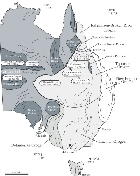 Figure 1: Map of the eastern two thirds of Australia showing the Phanerozoic Tasman Orogenic System against the Precambrian craton of Australia to the west along a boundary (the thick line) that ~ marks the Tasman Line