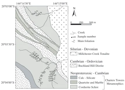 Figure 4b: Location of the samples used for FIA measurements within the Charters Towers Metamorphics in the Charters Towers region and the main foliation trends
