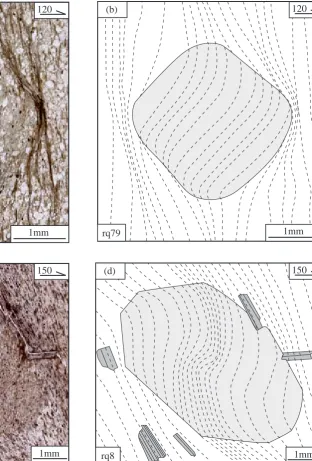 Figure 5: Photomicrographs and line diagrams showing examples of inclusion trails preserved within cordierite pseudomorphs
