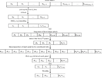Fig. 3.  Encoding process for the first information block and modifying values of the first block (q(c)j=1) of host image:(a) generating the first information block, (b) generating the first host image block, (c) modifying.