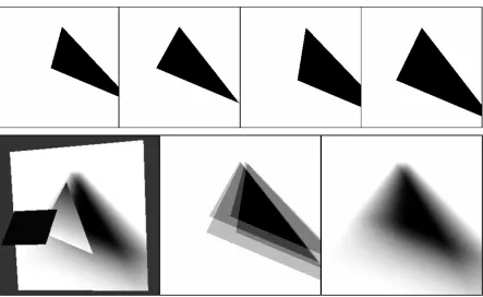 Figure 3.2:Multi-View Rasterization of soft shadows from [37]. Top: depth buﬀers renderedfrom varying light sample positions on the area light