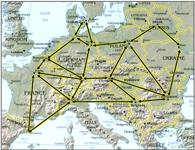 Figure 20. Map of Europe overlaid with Collector Movement Graph. During generation of problem sets, the agents and various stuff objects are randomly positioned on the map at one of the vertices (i.e., selected major cities)
