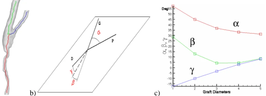 Figure  6.    (a)  Medial  lines.  (b)  Angles  used  for  classification.  (c)  Dependence  of  angles  on  the  distance  of  interpolated points from the bifurcation, expressed in graft diameters.