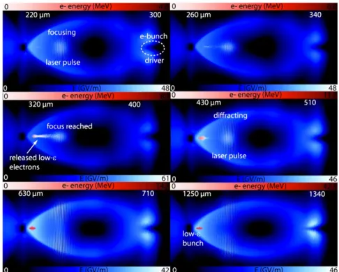 FIG. 1.PIC simulation snapshots of photoionization release,trapping, and acceleration of electrons inside a bunch-driven,self-ionized plasma blowout
