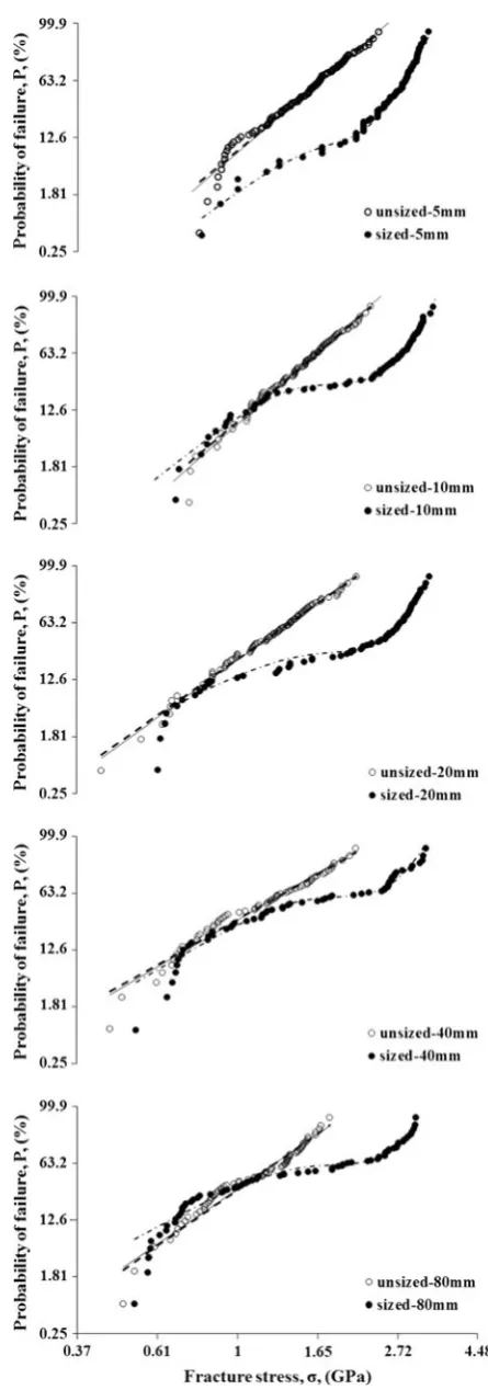 Fig. 5 Weibulllikelihood method, plots of E-glass ﬁbres at different gauge lengths(open circles unsized, ﬁlled circles sized); dashed line maximum solid line linear regression method and dashdotted line ﬁt based on bimodal Weibull distributionc