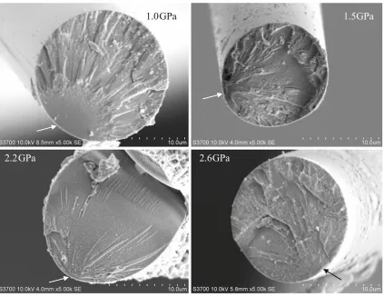 Fig. 6 SEMphoto photos of fractured cross-section area of glass ﬁbres with different tensile strengths (value for the tensile strength is shown in each and arrow indicates the failure locus)