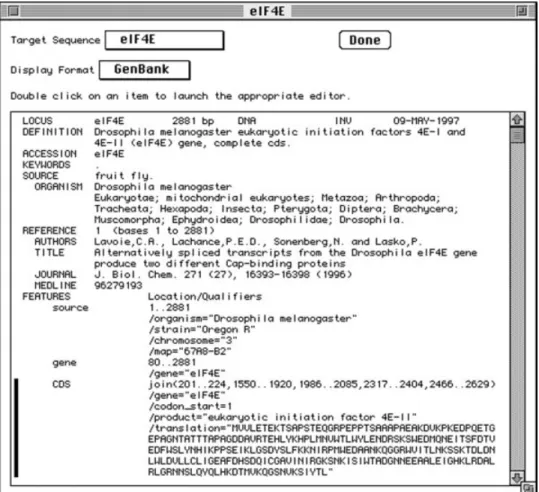 Figure 4.1. Viewing a sequence record with Sequin. The sequence record viewer uses GenBank format, by default