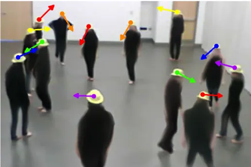 Fig. 3. From [26]. One frame from the video of the experiment with superimposed tracked positions (colored dots) and normalized velocity vectors in the image plane (each colored arrow indicates the direction in which the centroid of the corresponding hat i
