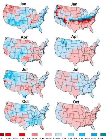 Figure 2.7: Change in the fraction of observed mean monthly precipitation (left) and observed mean monthly temperature (right) between two periods 1950-1974 and 1975-1999