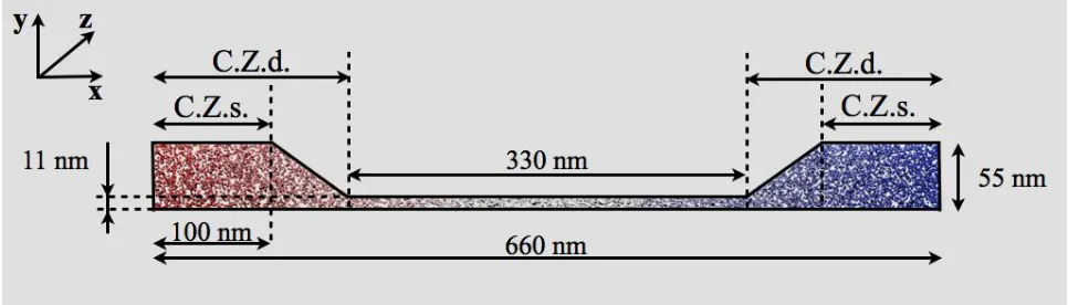 Figure 1. Schematic of the simulated flow system. The depth is uniform all over the system and equal to 22nm