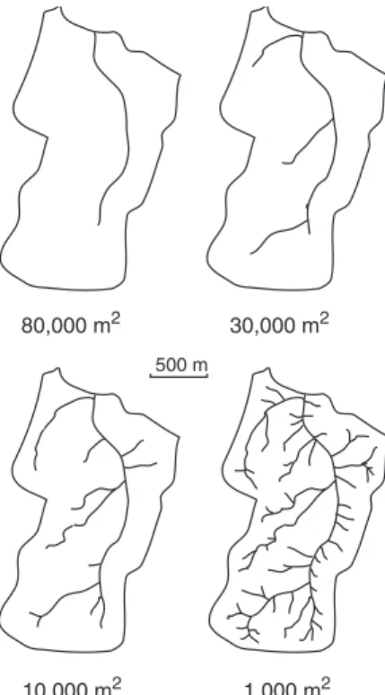 Figure 3. The effect of threshold upslope flow-accumulation area on the channel network.