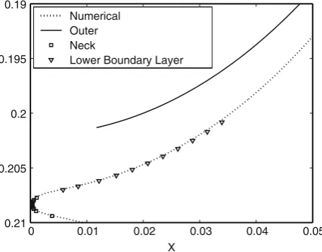 Fig. 2 Comparison of numerical solution (arclength formulation (5)) with associated asymptoticsolutions in (a) upper neck and (b) outer region