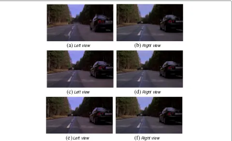 Figure 14 The reconstructed left and right pictures for the ‘Car’ video sequence at frame 19 under diﬀerent transmission schemes in theprotocols at diﬀerent SNRs; (a,b) include D-VpD-UEP (RLDPC-HP = 4/16) at SNR = - 9 dB; (c,d) include D-VpD-UEP (RLDPC-HP = 8/16),P-VpD-1/2, at SNR = - 6 dB; (c,d) include P-VpD-1/2, P-VpD , P-V-1/2, P-V, and D-VpD-EEP when SNR greater than - 6 dB.