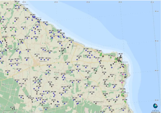Figure 5. Location of boreholes in the area. (From GEUS Jupiter Well Database). Legend: 