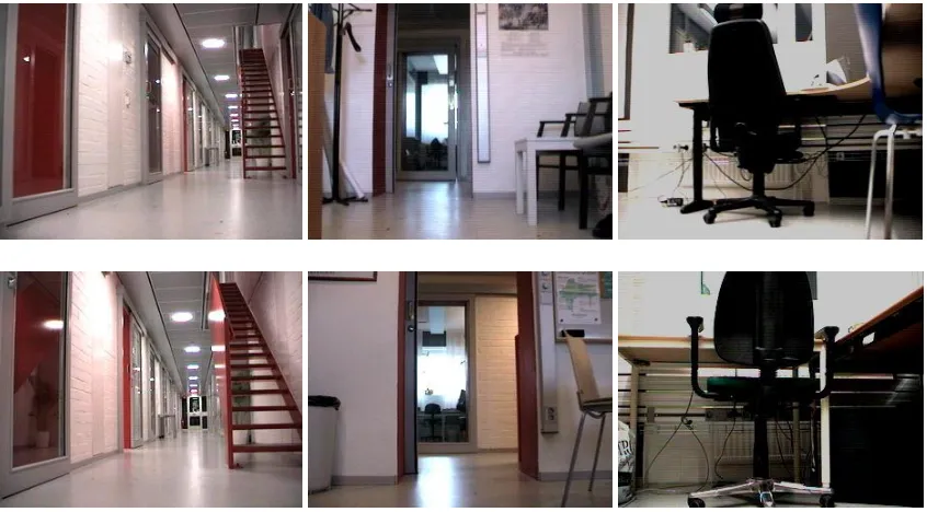 Fig 8. Examples of typical frames to illustrate the similarity of frames from different venues: The left column is from printer area and corridor; the middle 