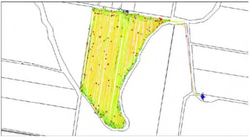 Figure 2.10  GPS harvester tracks in a harvested field, coloured by speed (Beattie and Crossley 2006) 