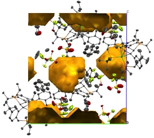 Figure 9. Unit cell packing of 3a-Ni displaying solvent accessible voids in yellow. 