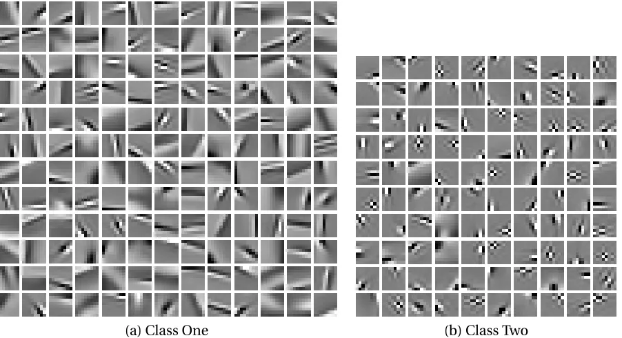 Table 4.2 Usage statistics of two different classes of atoms trained using OMP with K-SVD.
