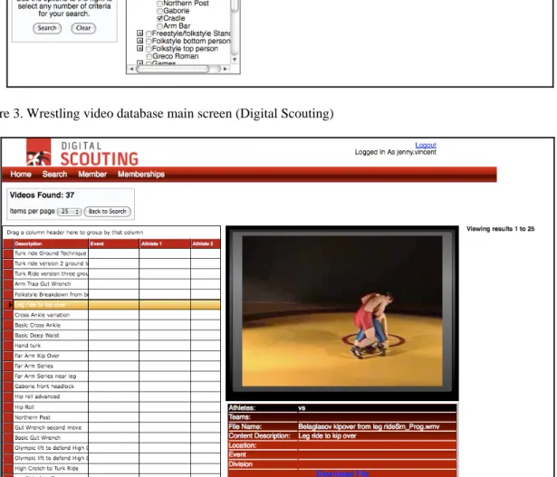 Figure 4.  Wrestling video database – Video search display (Digital Scouting) 