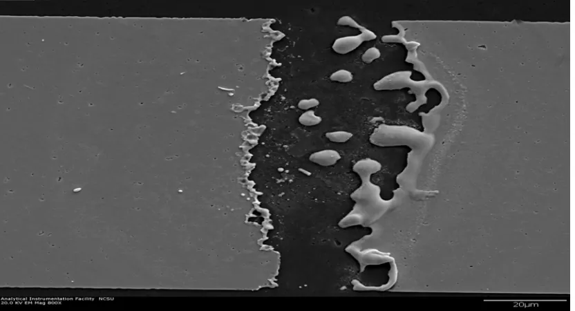 Figure 1.3: Capacitor failure of a 4-micron wide silver gap capacitor on an alumina substrate 