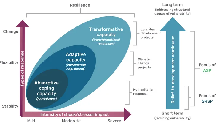 Figure 5.  ASP and SRSP in the context of resilience and the development continuum Resilience Flexibility StabilityChange Mild Moderate Long term (addressing structural causes of vulnerability)SevereAdaptivecapacity(incremental adjustment)Transformativecap