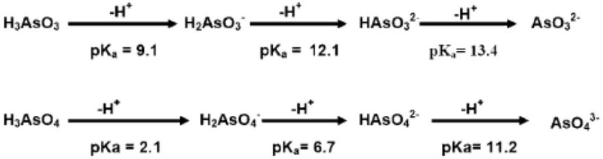 Figure 2. Dissociation of arsenious and arsenic (V) acids [8]. 
