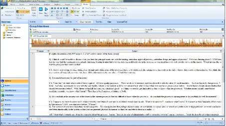 Figure 6: Audio data and transcribed audio as prepared for analysis in NVivo 9. 