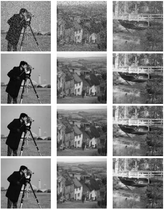 Figure 4: From top to bottom: images corrupted with 30% random-valued impulse noise, restored by ACWMF, restored by 2-phase variational method [8], and restored by Algorithm 3.