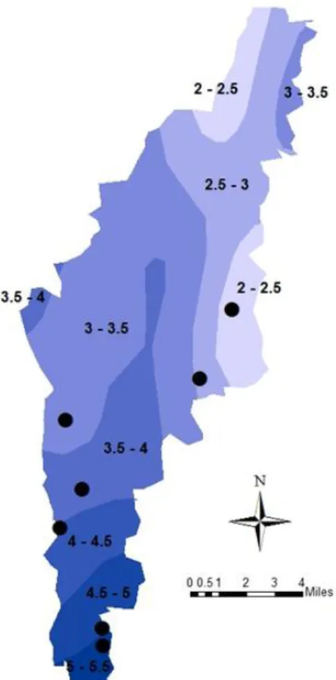Figure 4. Map of Eagle Creek Watershed with  random sample points in each rain class. The rain  classes are labeled with inches of total 