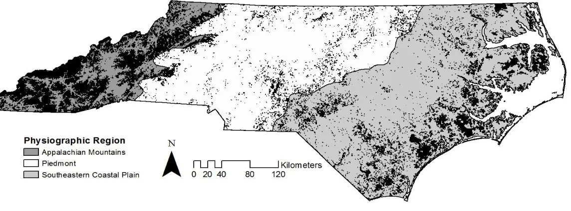 Figure 3. Physiographic regions and potential habitat for Canada goose developed before the random selection of 300 plot survey 