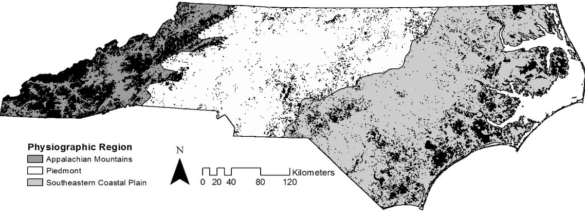 Figure 2. Physiographic region and non-habitat and potential habitat for Canada goose developed before the random plot selection, 
