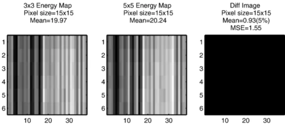 Fig. 13. Left image: Energy map of real MR image with FOV = 3. Middle image: Energy map of real MR image with FOV = 5