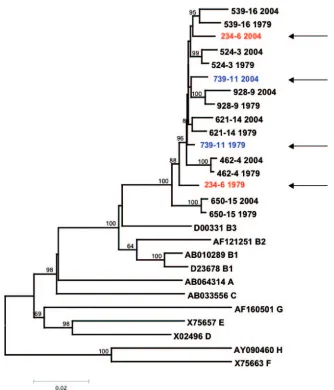 FIG. 3. Molecular evolutionary rate estimation based on long-termserial HBV samples from HBeAg-negative asymptomatic carriers of HBV