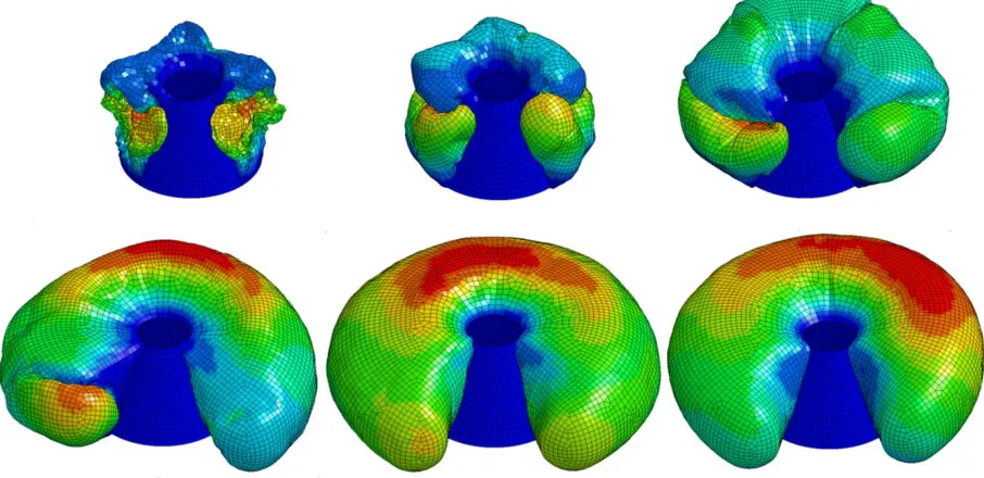 Figure 7: Displacement resultant contour plot of deploying MB10 inflatable part with 0.2 seconds simulation time steps 