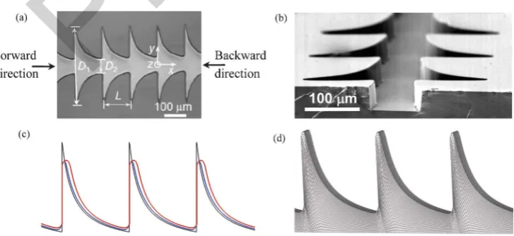 Fig. 1(a) Optical micrograph of the hyperbolic microfluidic rectifier A (h = 46 mm). Microchannels B and C have the same geometrical shape but havedepths of 88 mm and 120 mm, respectively