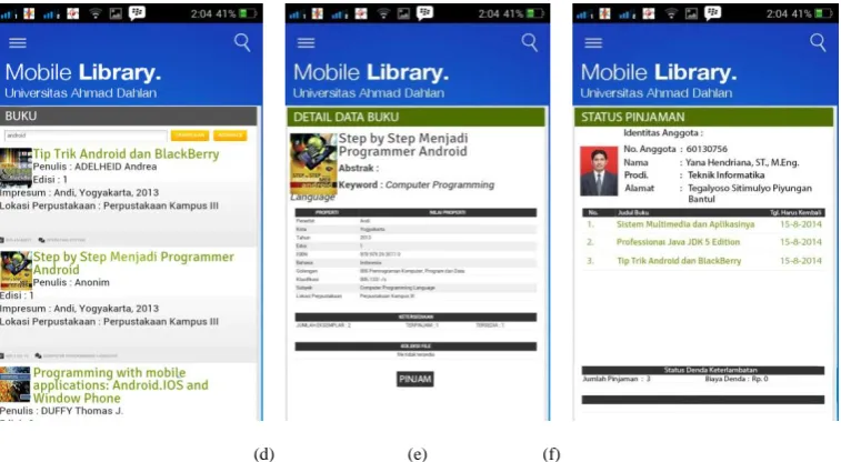 Fig. 6Main ServiceFeatures (d) Searching Page (e) Detail of Book Information Page (f) Borrowing Status Page  