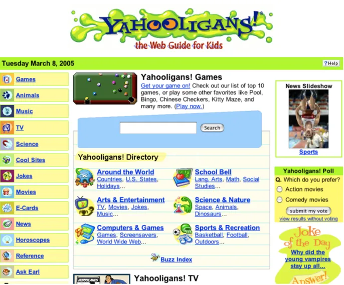 Figure 2. Screenshot of the homepage for the Yahooligans Web Guide for Kids  (http://www.yahooligans.yahoo.com)  